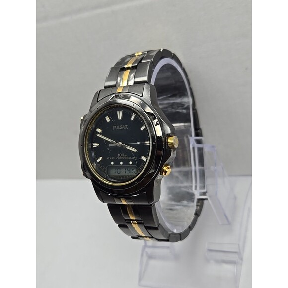 Pulsar by Seiko V0720050 Alarm Chrono Ana Digi Watch Black Gold Mens New Battery - Picture 2 of 13